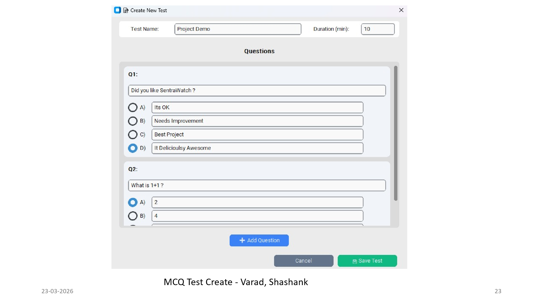 SentraWatch MCQ test creation screenshot