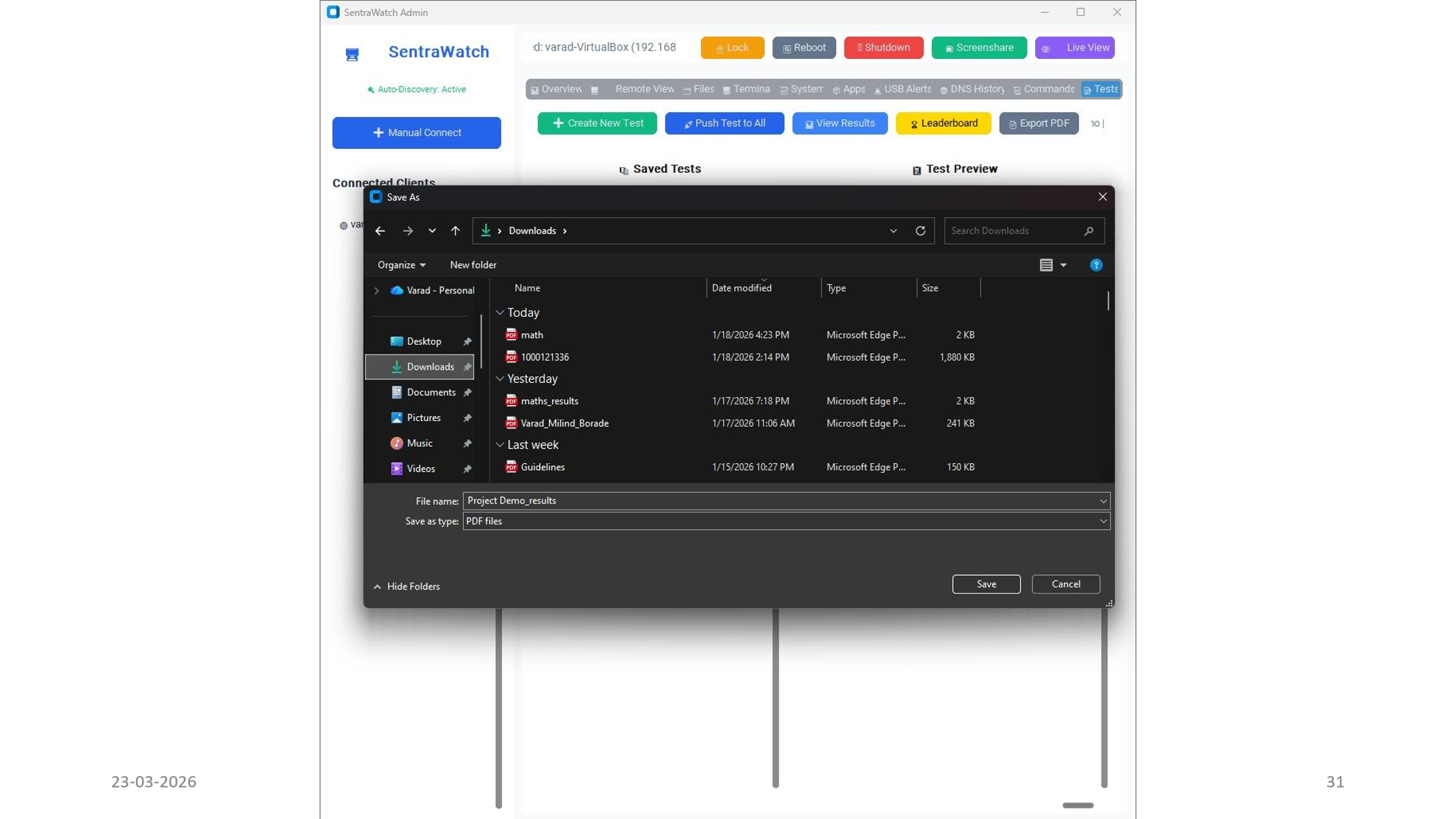 SentraWatch result export screenshot